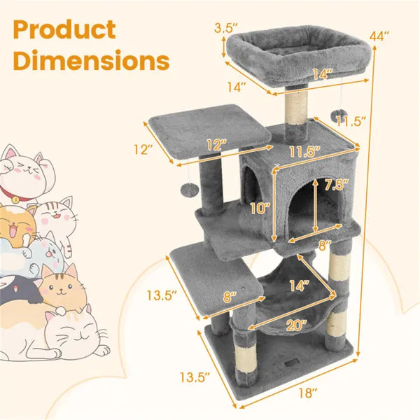 Arbre de chat multi-niveaux de 44" avec perche de dessus spacieuse
