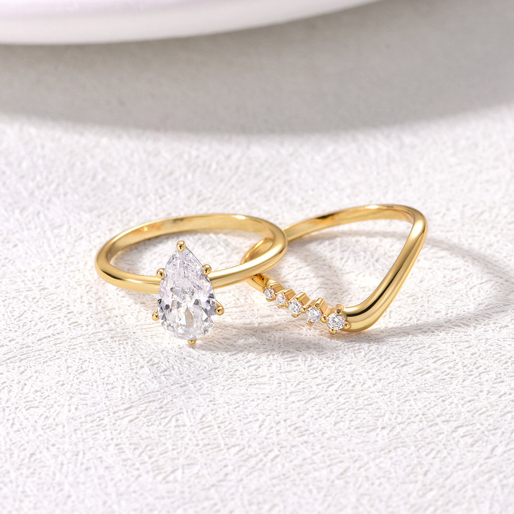 S925 Argent plaqué or 6x9mm Poire Moussanite Ensemble de mariée Pave Chevron Band US Taille 6-9 GRA