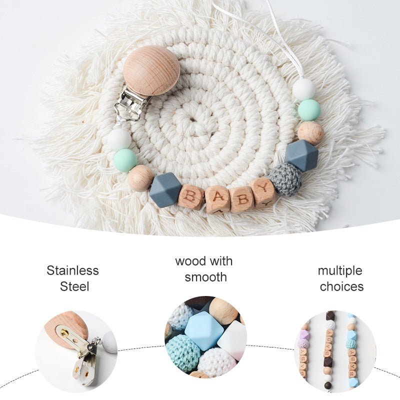 Pacificateur de hêtre Clip Silicone Octagonal Perles Laine Crochet Pacifier Clip
