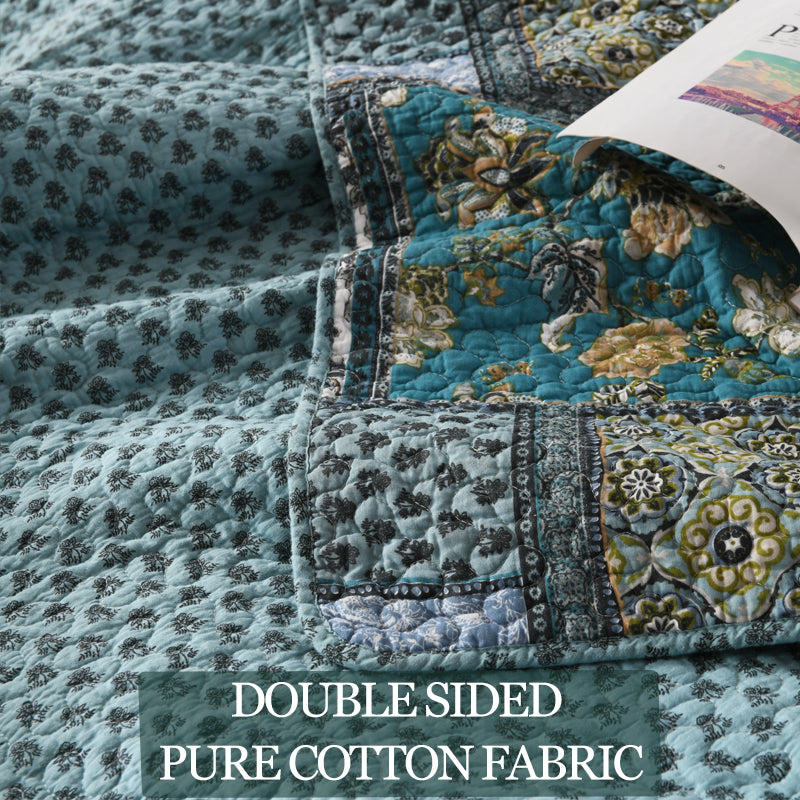 Cotton Reversible Quilt Bedspread Set Vintage Patchwork Floral Print Textured Stripe Rever