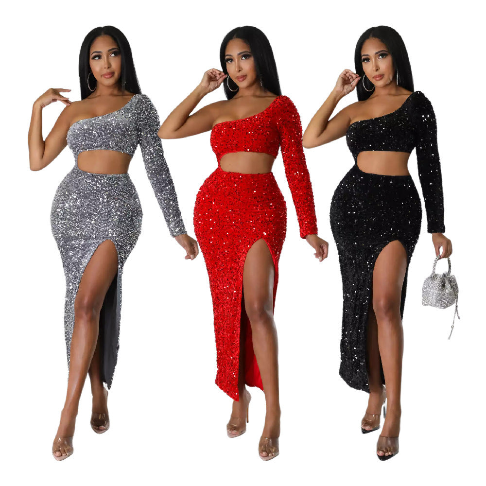 Peintres mode à une épaule Sexy Navel Split Hip Robe de vêtements pour femmes