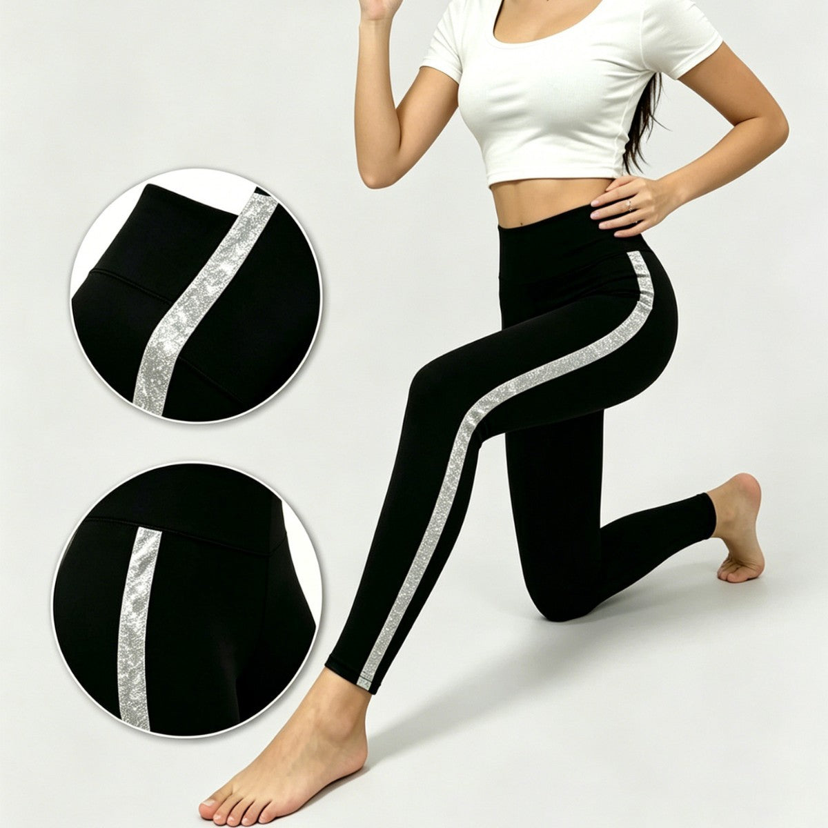 Leggings de yoga à rayures blanches et argent à haute largeur