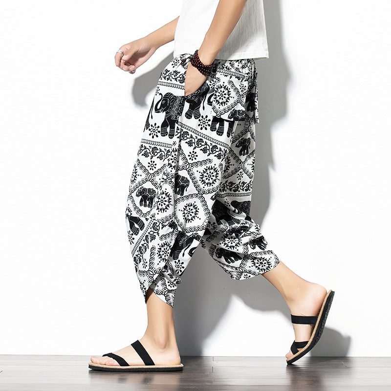 Pantalon imprimé en coton et en lin