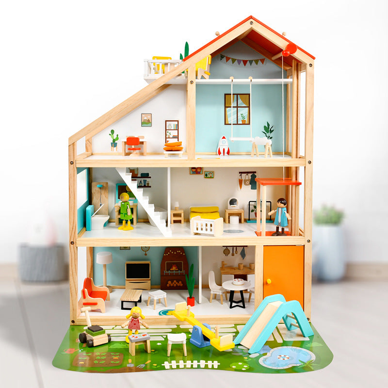 Kids Wooden Play House Three-Storey Villa Dollhouse for Role-playing