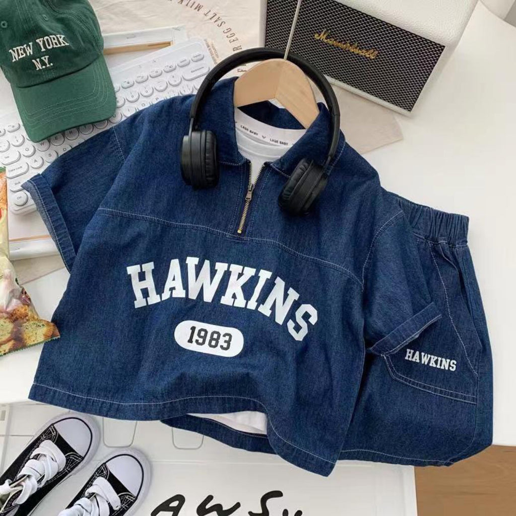 Beautiful Korean Model Denim Short-Sleeve Top and Shorts Two-Piece Set