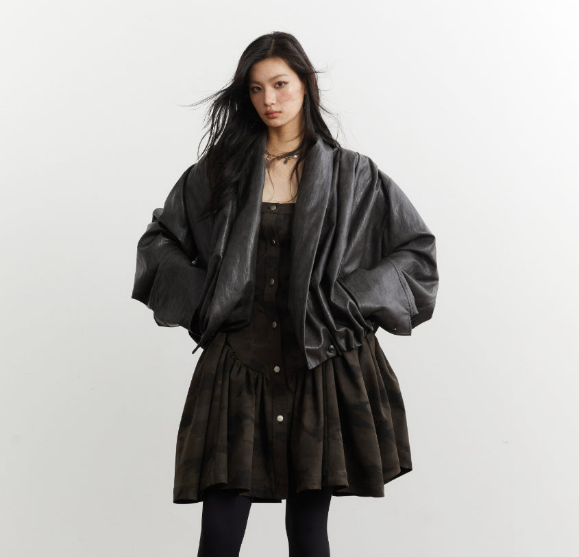 Genre neutre Silhouette plissée Ebony-brun Faux cuir PU Veste