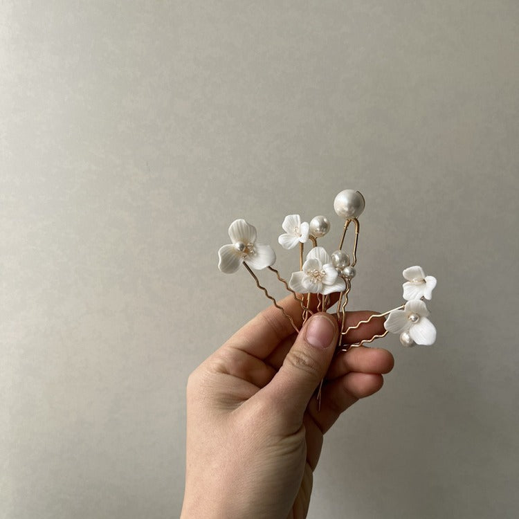 Ceramic Flower Pearl Embellished Bridal Hairpin Hair Plug Accessoires