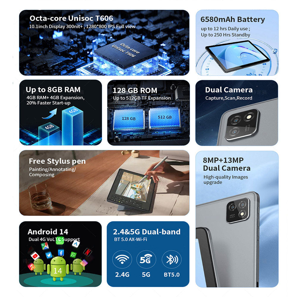 G-tab T11 Android 14 Comprimé 10.1 pouces 1280&800 IPS Écran Unisoc T606 8 Core Max 1.6GHz 8G