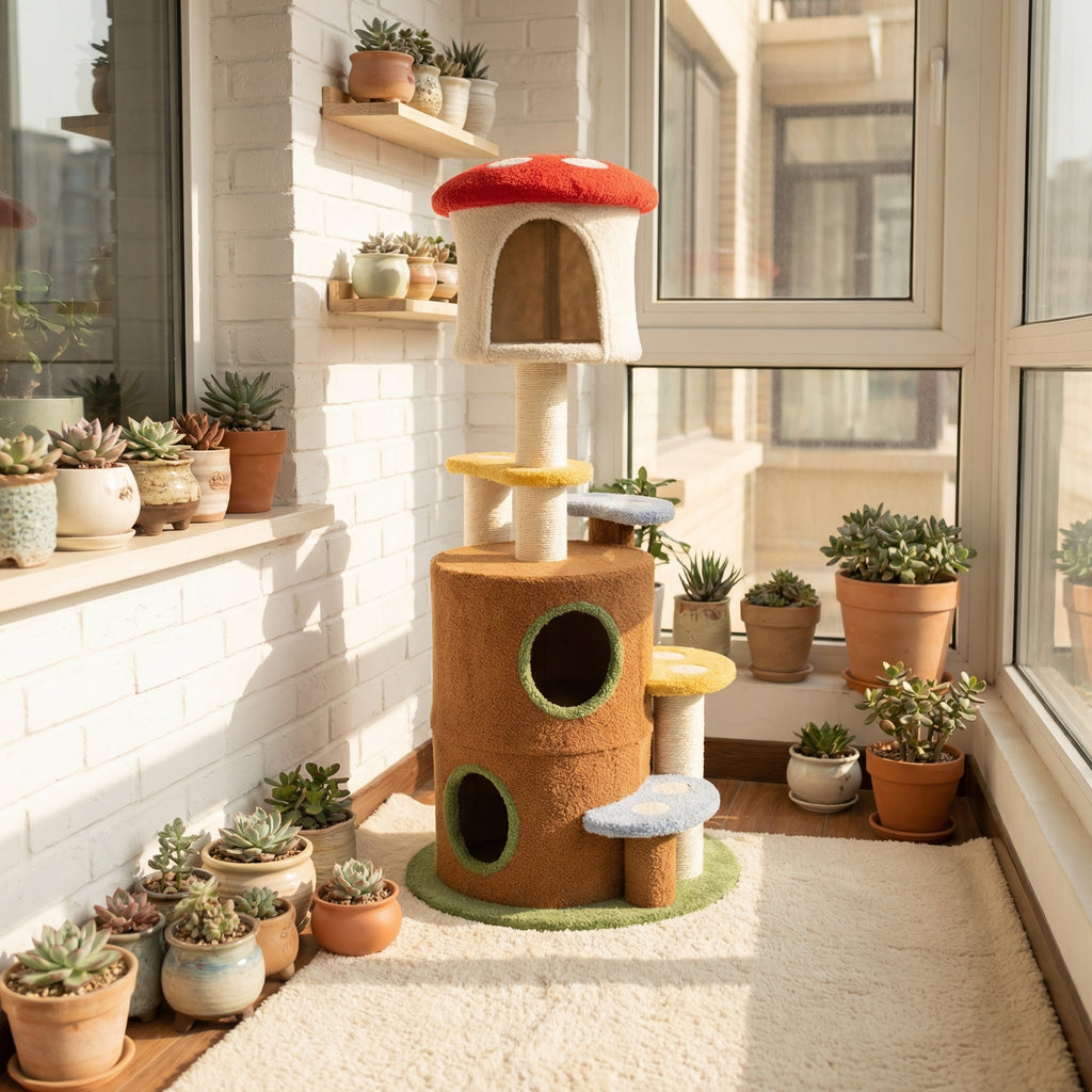 Chat arbre de champignons avec grande échelle de plate-forme condo