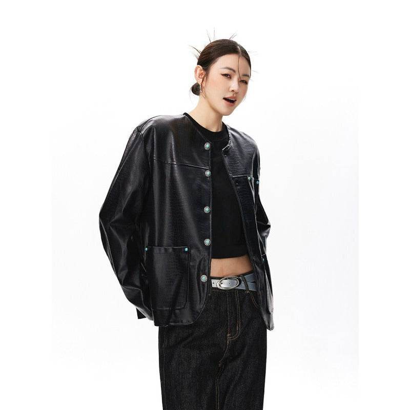 Veste en cuir sans collier pour femmes