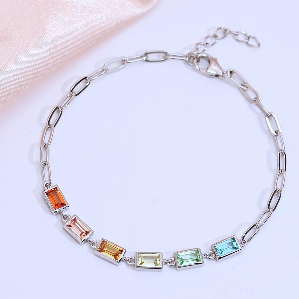 S925 Argent Sterling Rectangle Rainbow Lab-Grown Bracelet en pierre gemme 16cm Paperclip Chaîne Pl