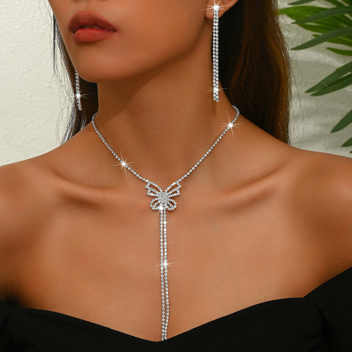 Ensemble de bijoux pour femmes Bow Y-Drop Tassel CZ 2Pcs