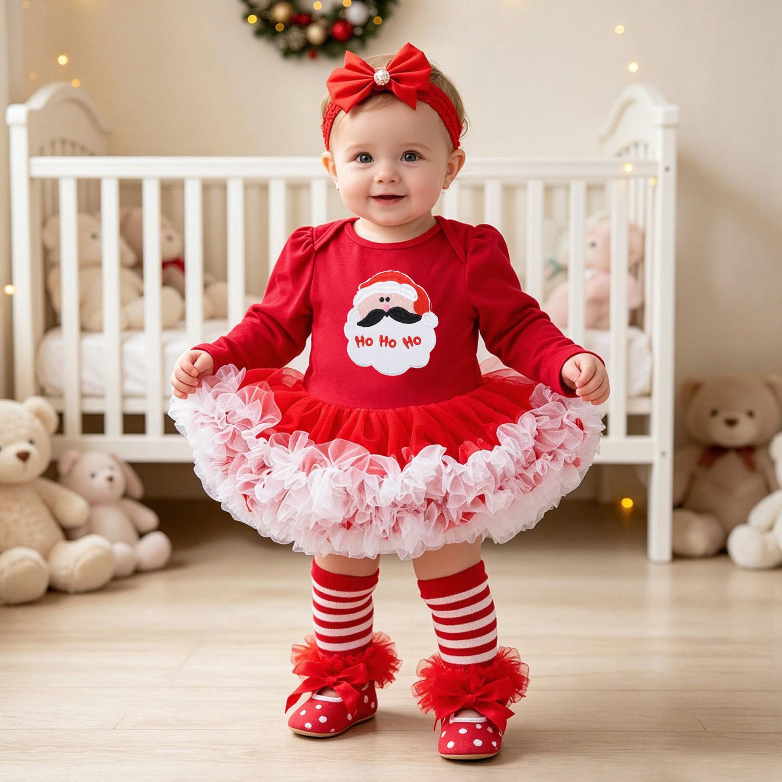 Bébé Noël à manches longues Robe de Romper rouge Tulle Une pièce Ensemble de quatre pièces