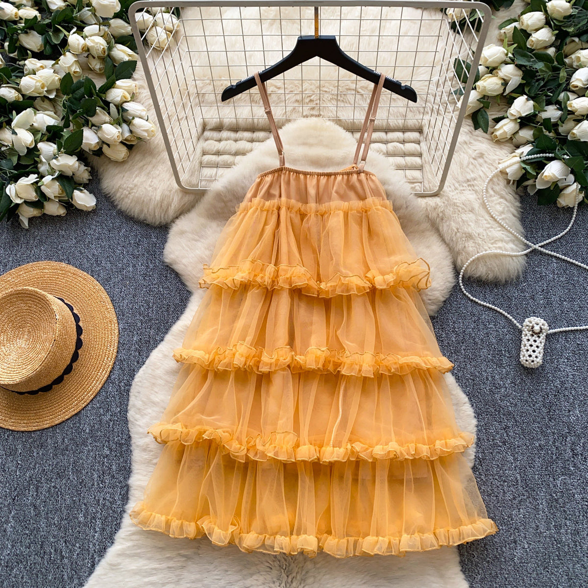 Women's Solid Color Three-Layered Strap Dress