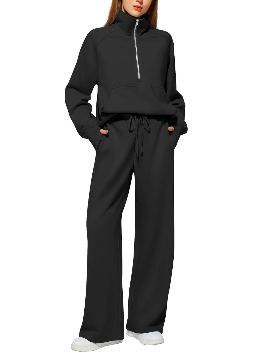 European and American Amazon Women's Two Piece Set Sweatshirt surdimensionné demi-zip Wide-Leg