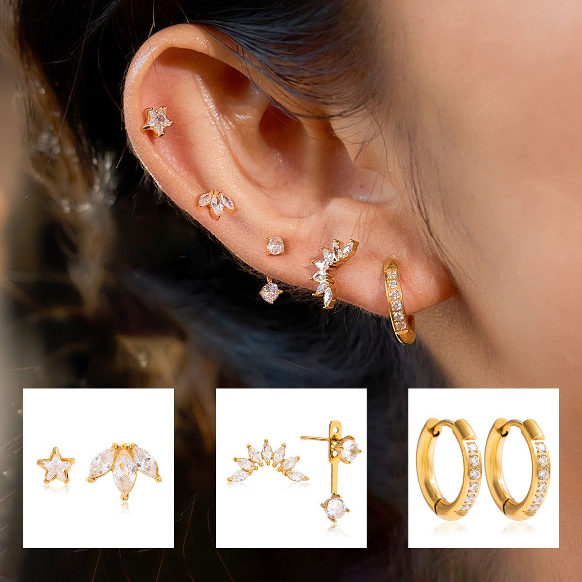 Boucles d'oreilles Zircon en acier de titane Paires multiples en une carte de luxe léger