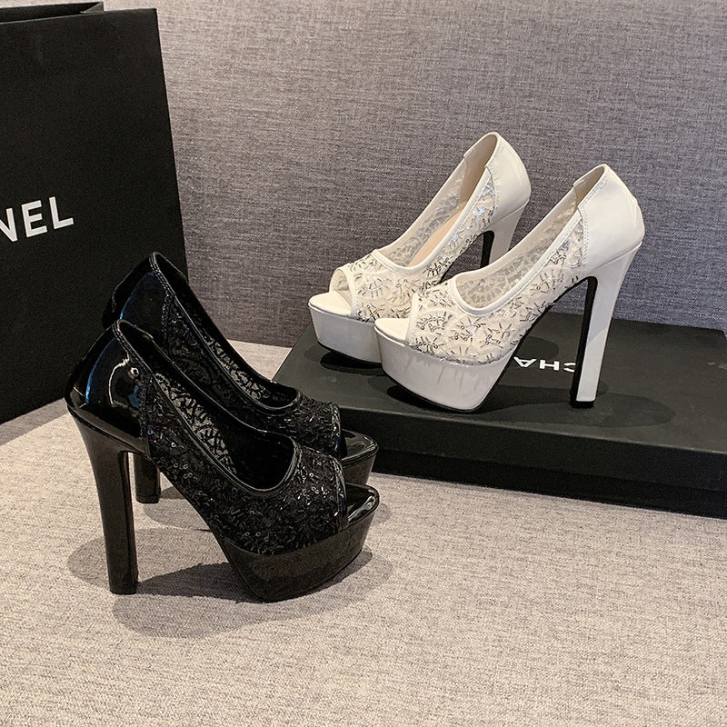 Dentelle Hollow-out Coréen Nightclub Peep-toe Pompes Meilleures ventes Talons hauts