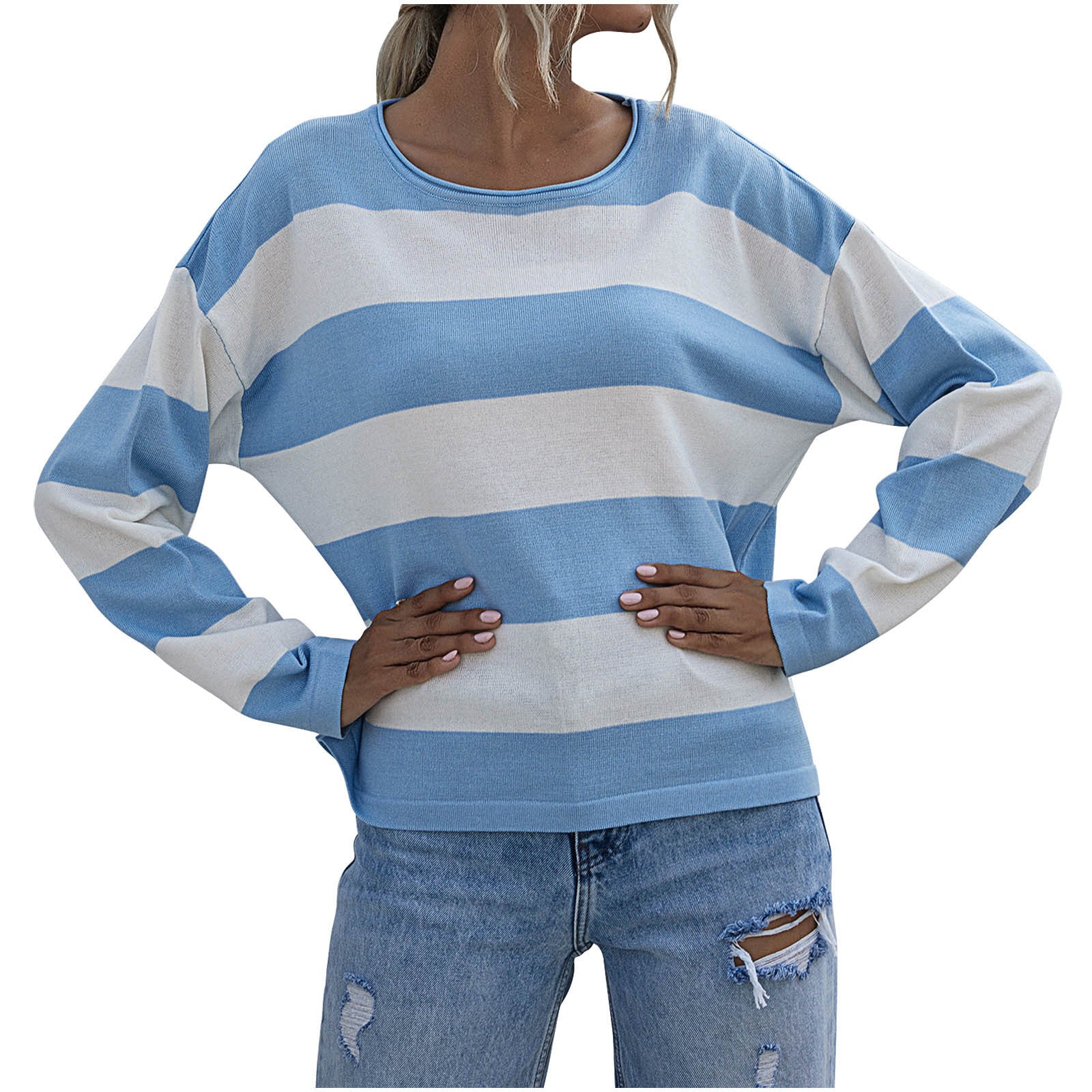 Amazon Autumn And Winter European and American Women's Casual Loose Knitted Sweater Stripe