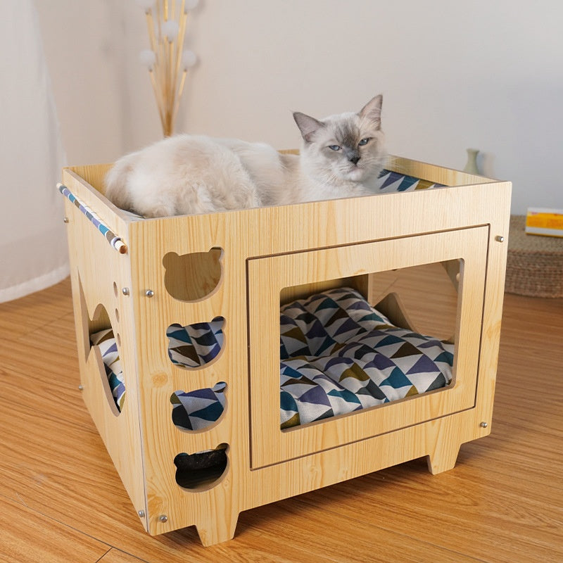 Lit d'hamac pour animaux de compagnie en bois double-layer intégré