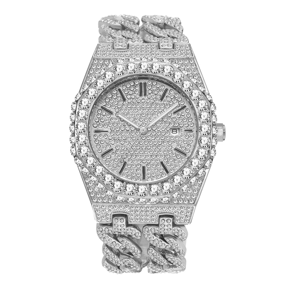 Homme Hip Hop Iced Diamond Mode Cuban Link Chaîne Horloge Quartz