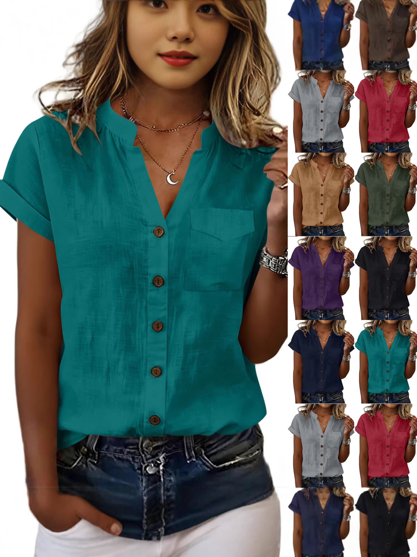Chemise à manches courtes Elegant Solid Couleur pour femme avec poches