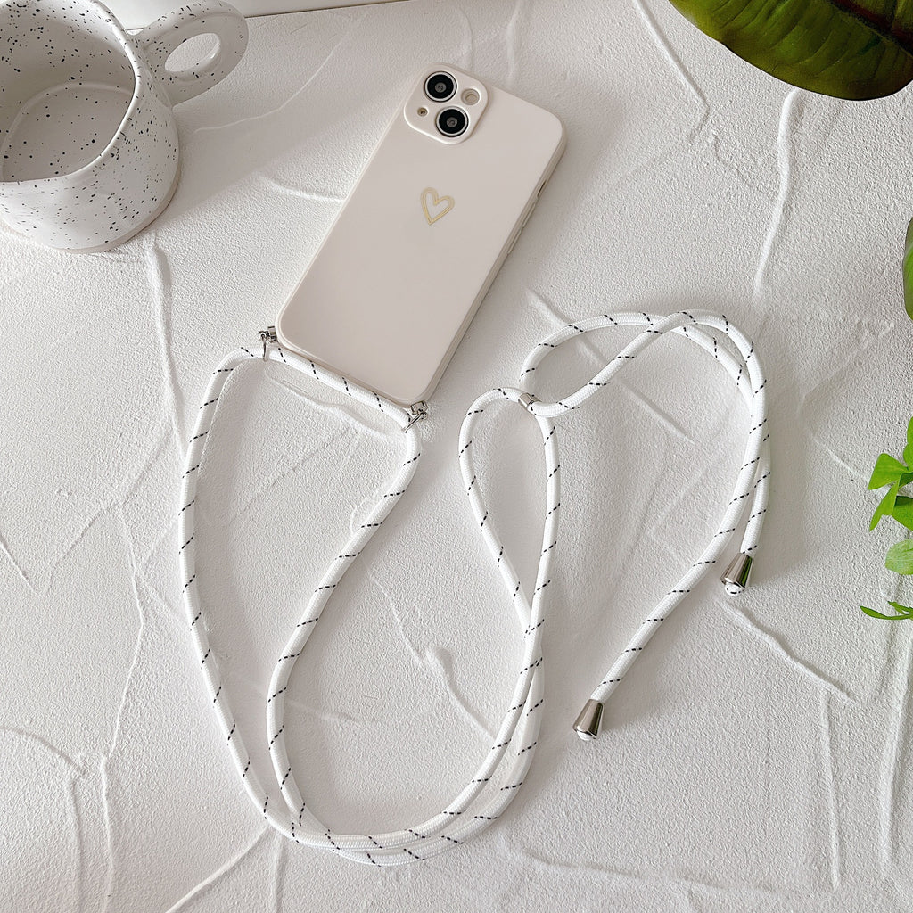 Étui téléphonique de lanyard de petit coeur doré