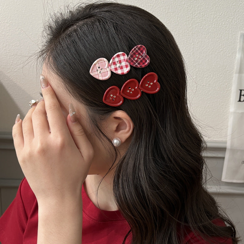 Clip de cheveux doux à bouton de coeur en Plaid