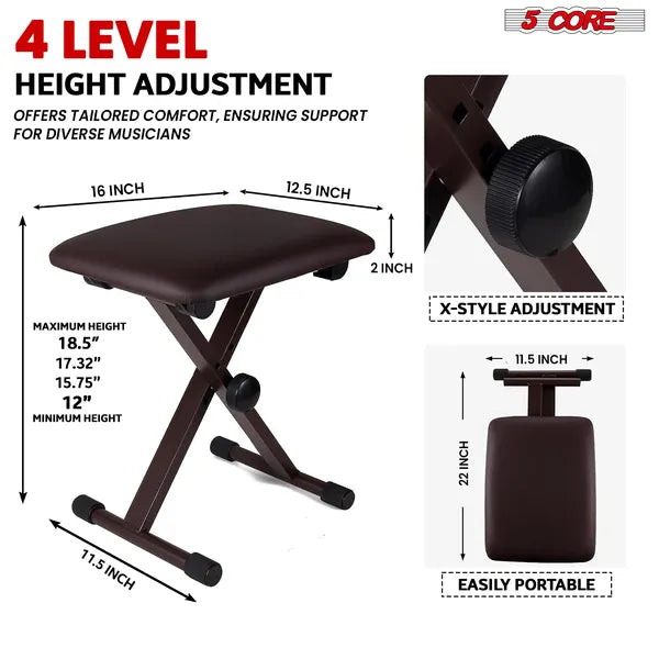 5 Core Keyboard Bench 2 pouces rembourré Piano Tabouret Hauteur réglable 19" Guitar Sea