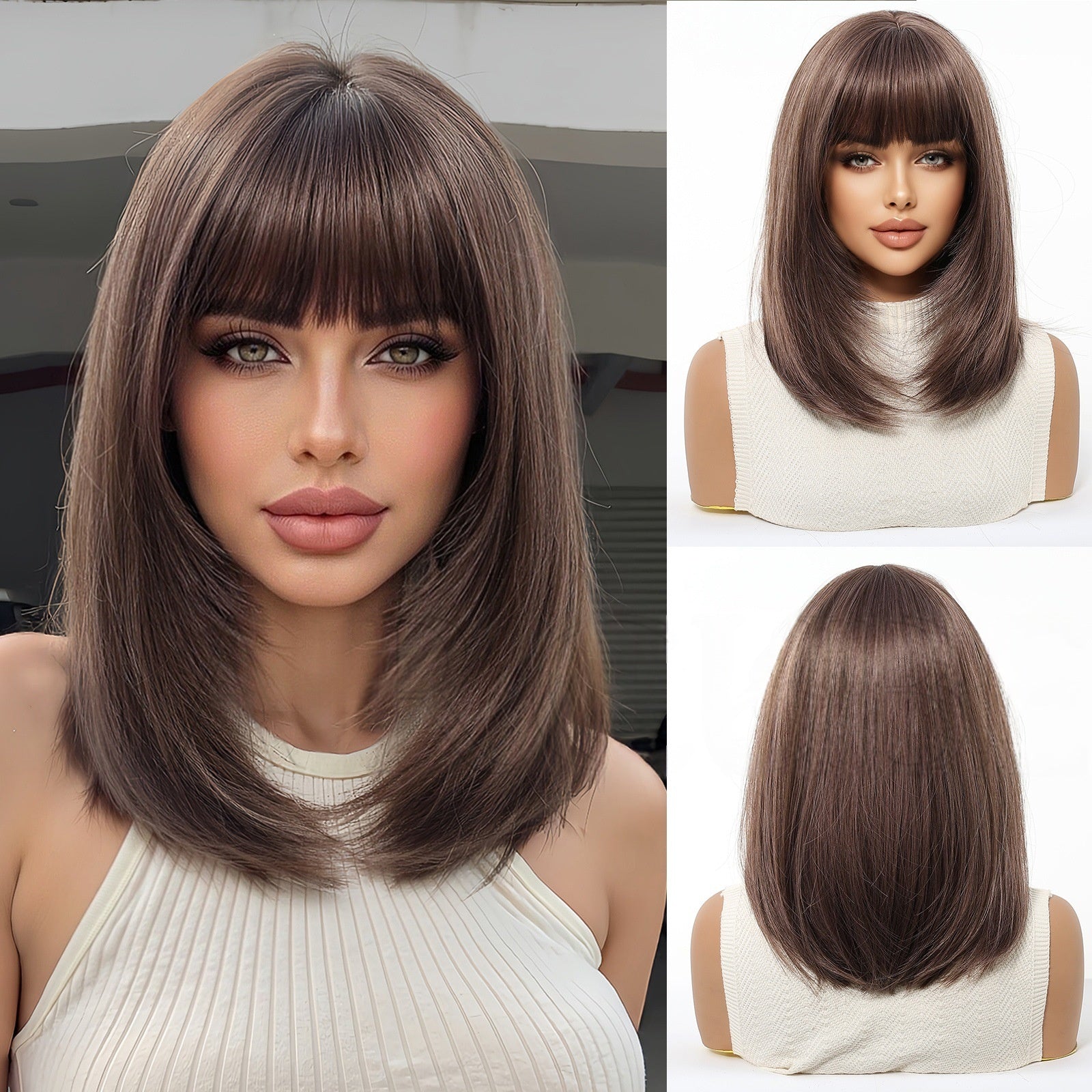 Perruque synthétique haute température pour femmes avec capuchon de cheveux Bangs
