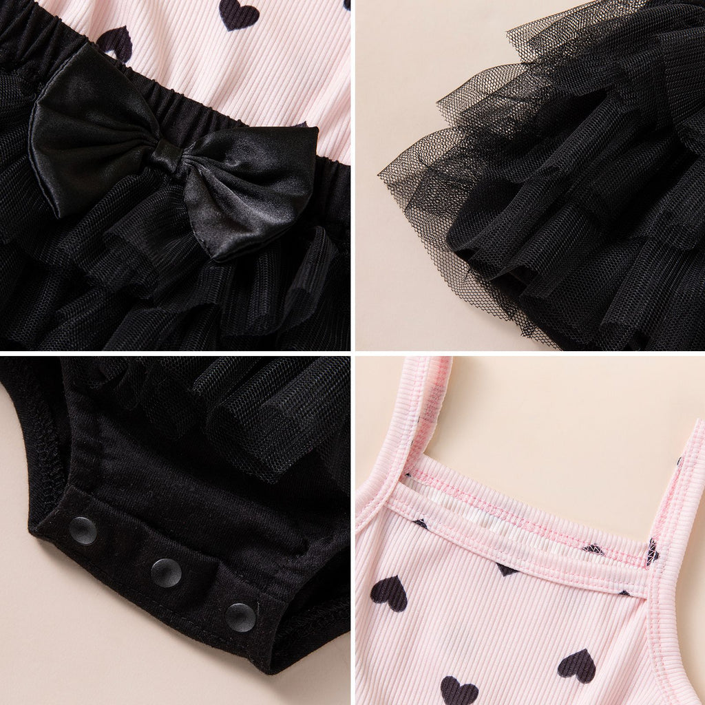 Style coréen Baby Outfit Rose et Noir Contraste Cœur bracelet côtelé Romper
