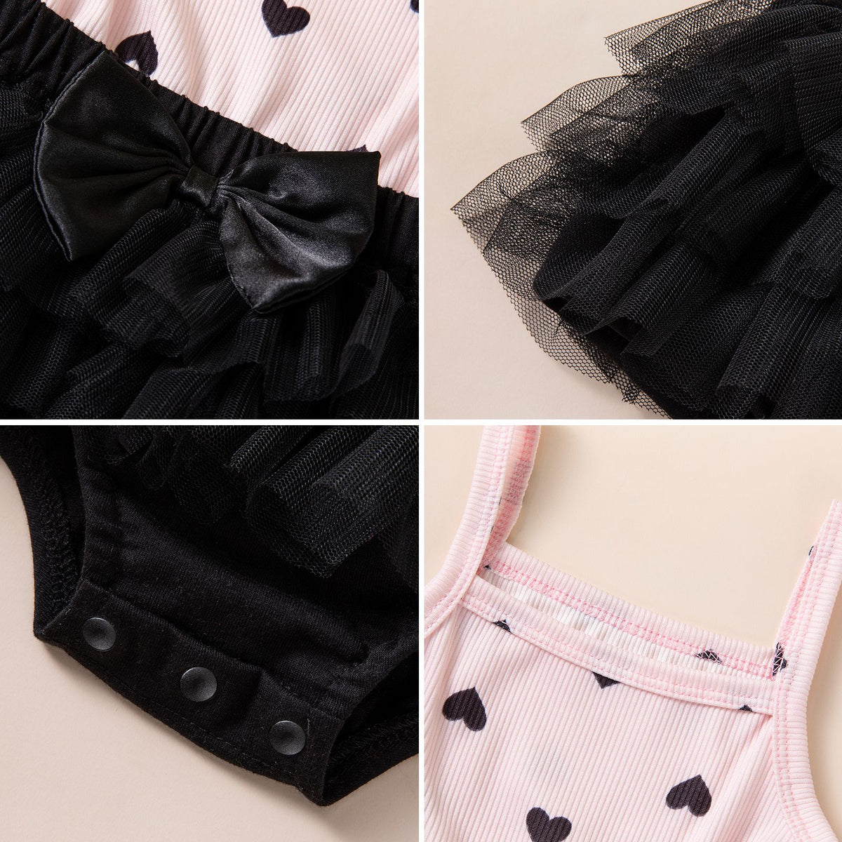 Style coréen Baby Outfit Rose et Noir Contraste Cœur bracelet côtelé Romper