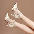 Bouteilles de cheville pointues à orteils en mailles Femmes Printemps Été Stiletto Talons hauts Hollow Imprimé Mesh Bac