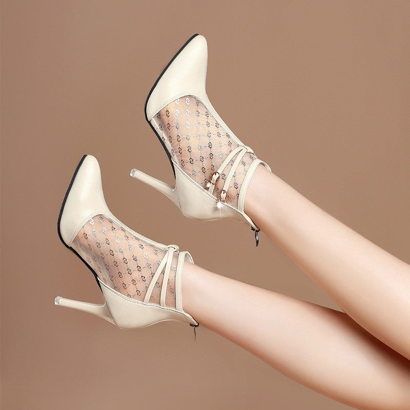 Bouteilles de cheville pointues à orteils en mailles Femmes Printemps Été Stiletto Talons hauts Hollow Imprimé Mesh Bac