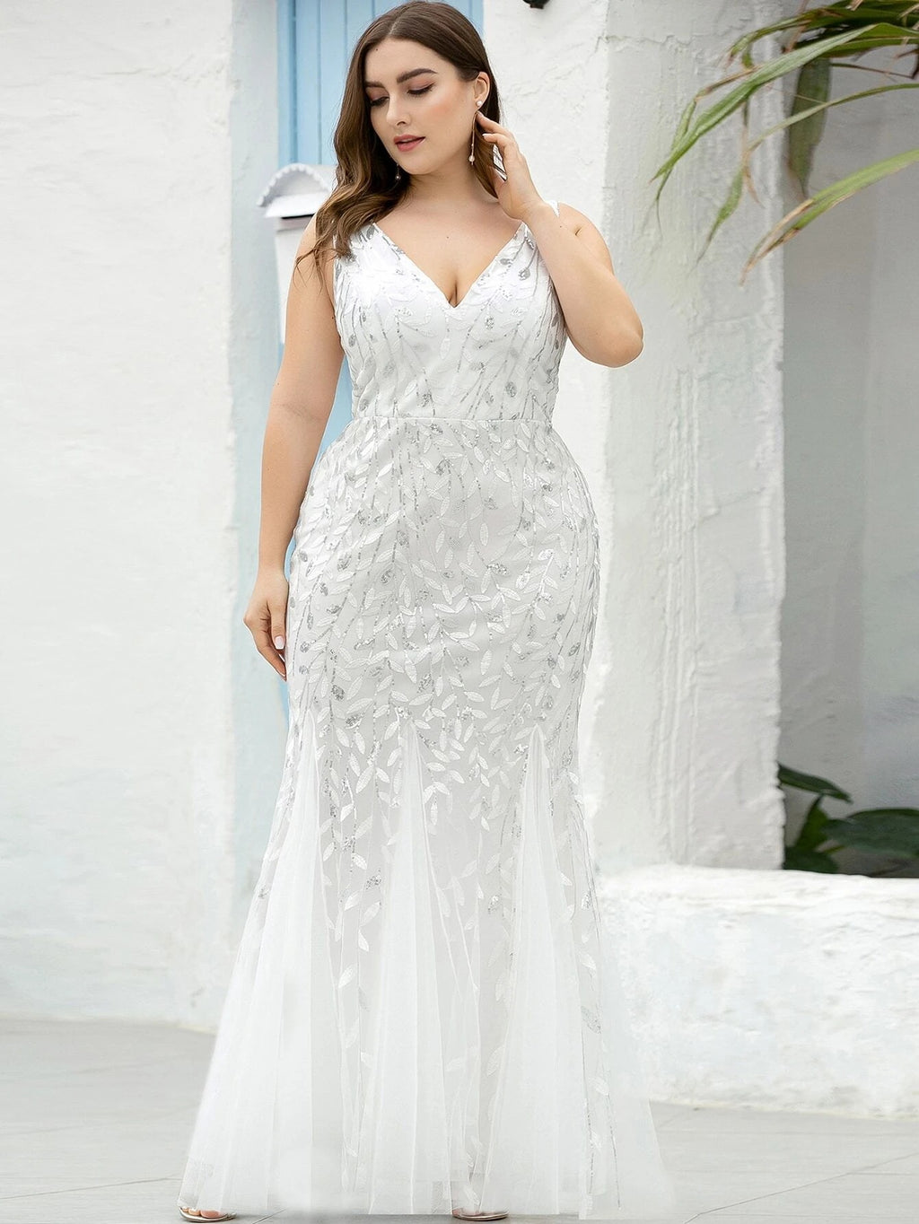 Robe de soirée européenne et américaine Col V Tulle Brodé Paillettes Sexy Sirène Prom Dre