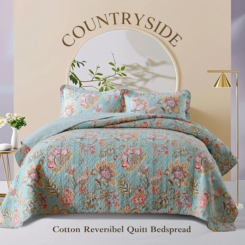 Cotton Reversible Quilt Bedspread Set American Countryside  Print Vintage Botanical Design 3-piece All Season Lightweight Oversized Wide Drop Bedding