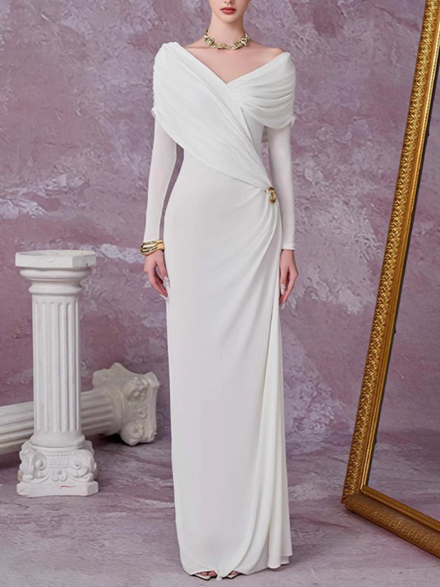 Robe de soirée à manches longues en col V drapé