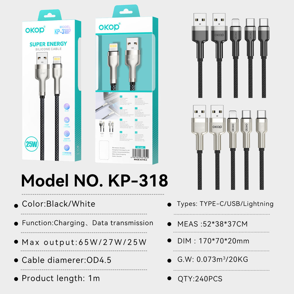 KP-318 Câble de données à charge rapide de 65W tressé Protection contre les surcharges durables Type-C Compatibl