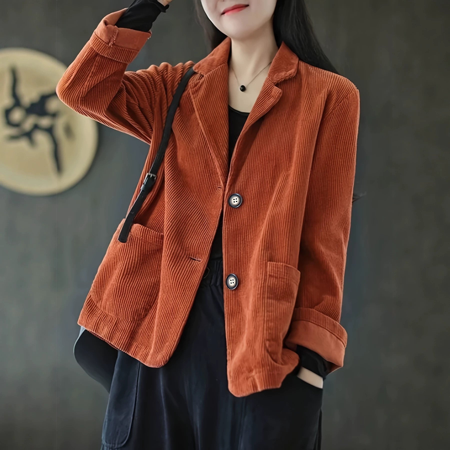 Femmes Corduroy Casual manches longues Bouton-Up Lapel Veste Coat