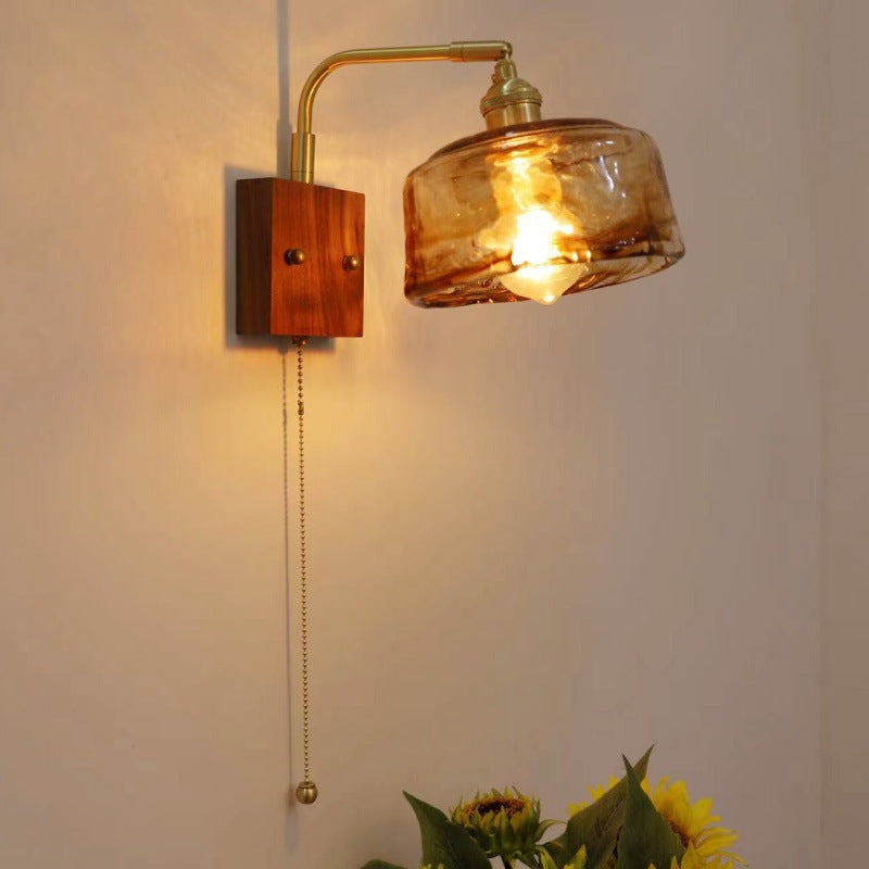 Lampe de lit en noyer mural à chaîne de perles rétro