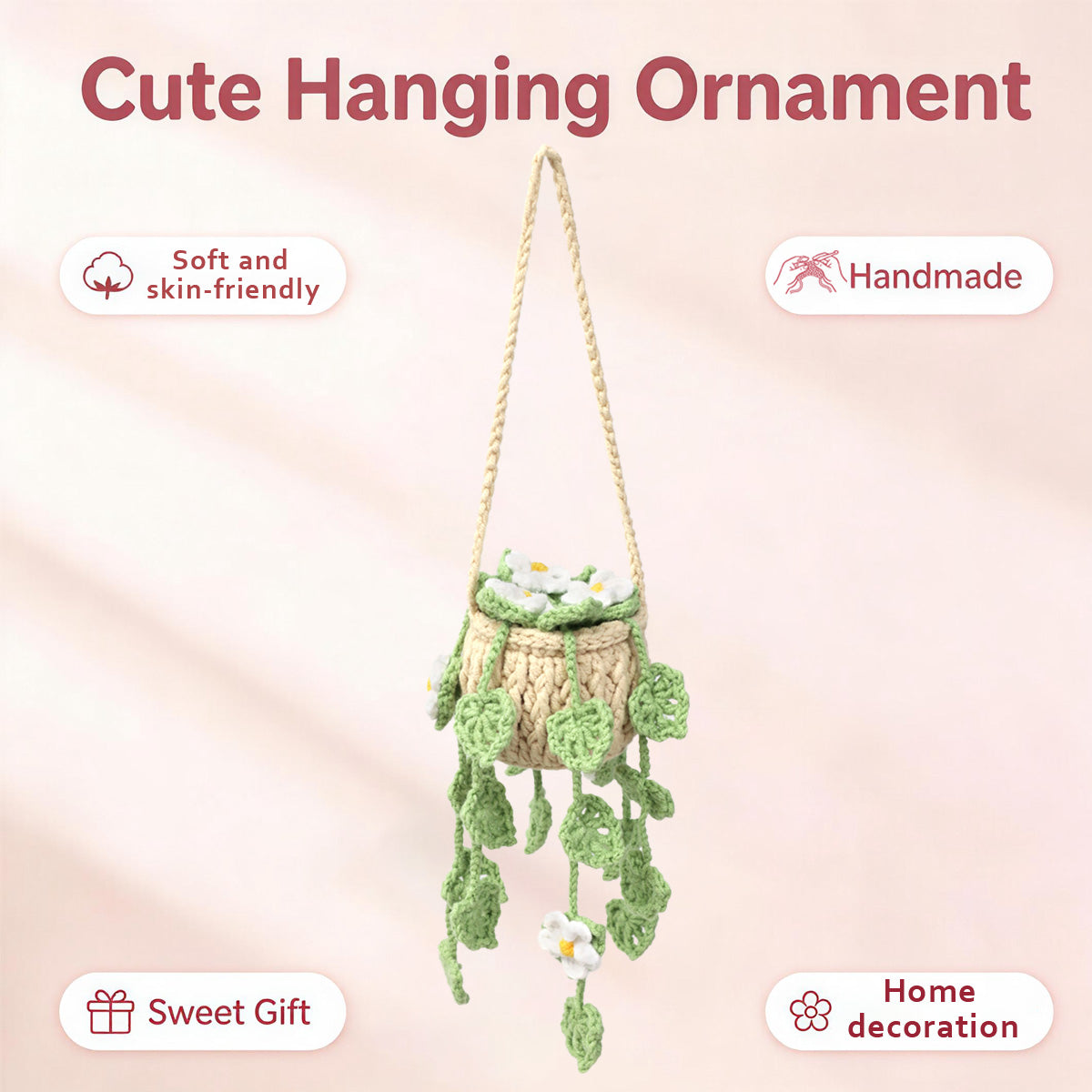 Crochet à la main suspendu ornement en pot avec traces blanches trailing et les feuilles vertes
