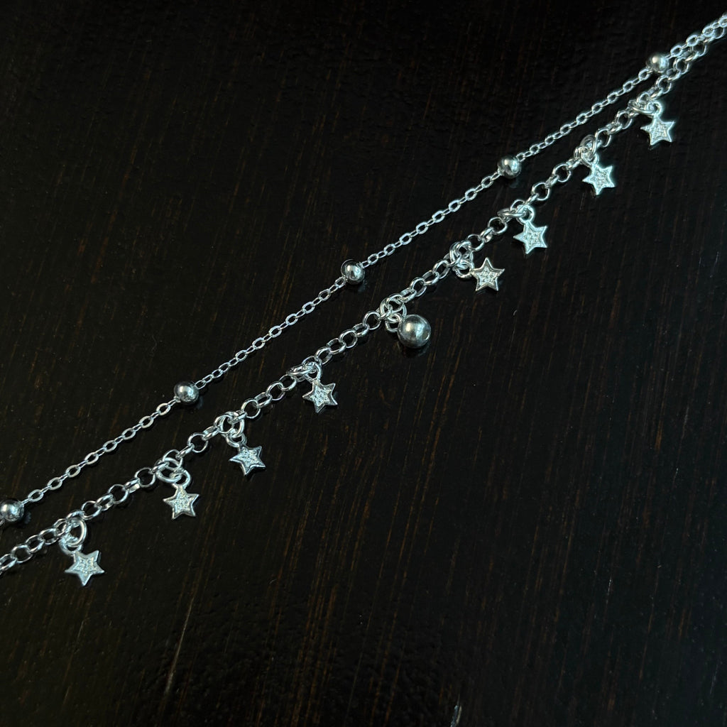 1pc 999 Argent Sterling Double-Layer Star & Perle Anklet