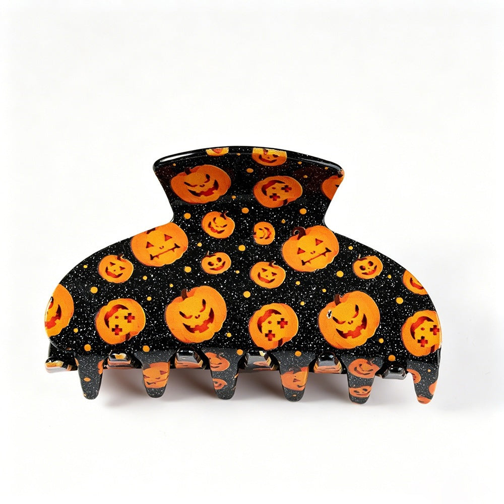Clip de griffe de requin d'Halloween - Ghost Pumpkin Black Cat Print Hair Accessory for Women Girls P