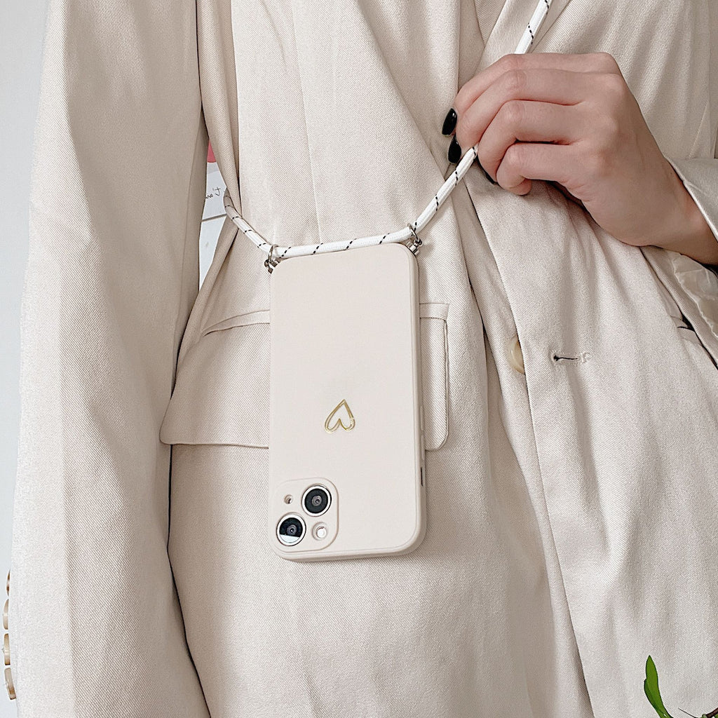 Étui téléphonique de lanyard de petit coeur doré