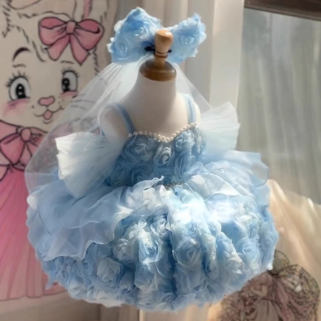 Robe d'anniversaire en trois dimensions bleue pour les petites filles