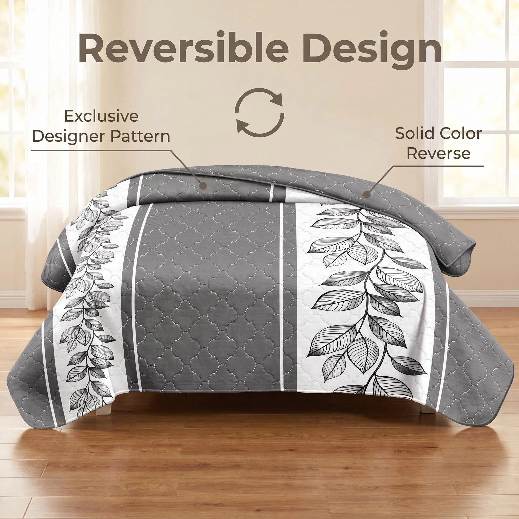 3-Piece gris et blanc bande de lit matelassé pour roi et roi de Californie