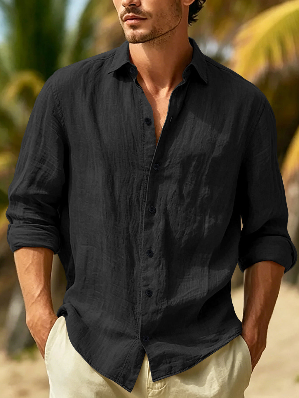 Hommes Lin Lapel Beach Chemise manches longues Couleur unie