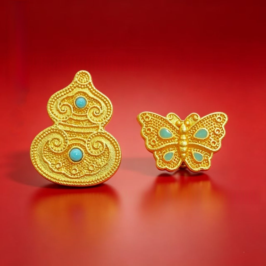 Alluvial Gold Filipree incrusté de papillon turquoise et de perles longues en forme de gouard