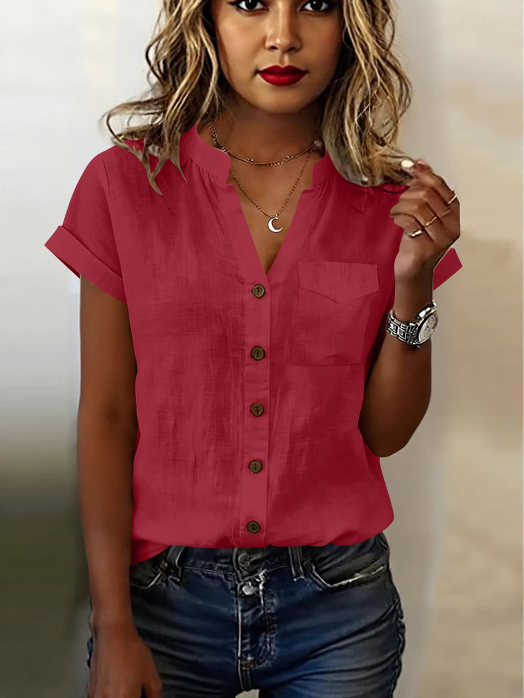 Chemise à manches courtes Elegant Solid Couleur pour femme avec poches