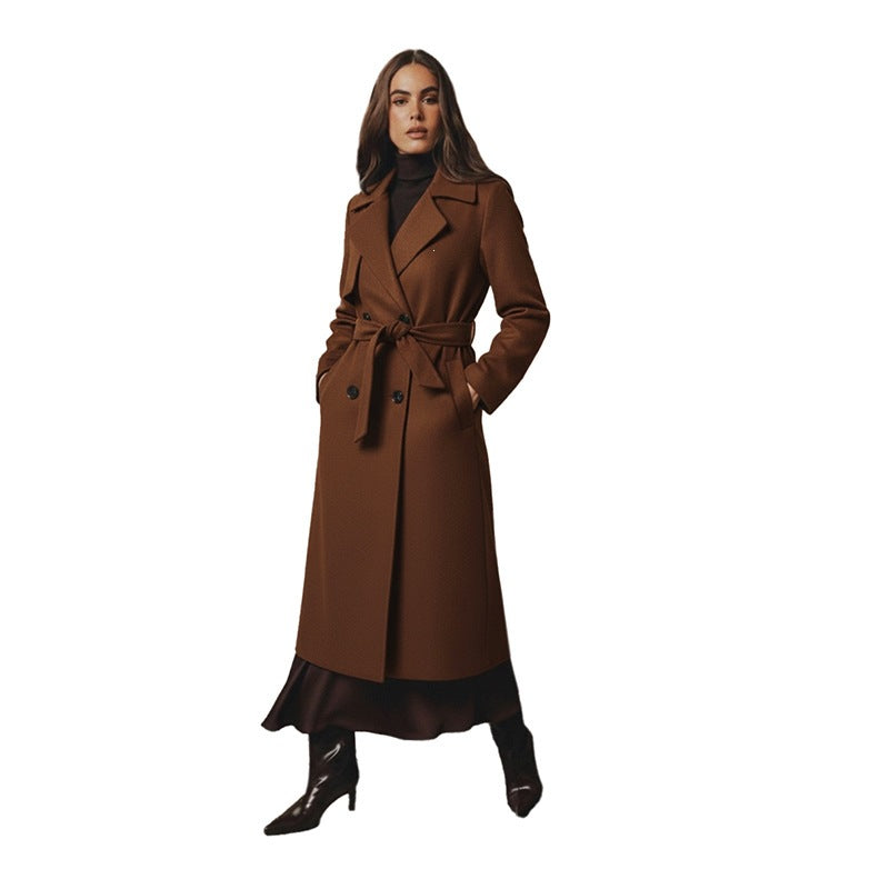 Russian European and American Style Long Coat Automne et hiver haut de gamme Elegant Tie Woole