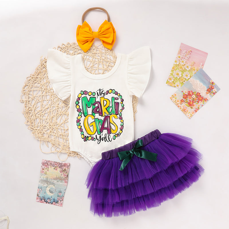 2-Piece Baby Girl's Printed Onesie with Elastic Tulle Skirt and Bow